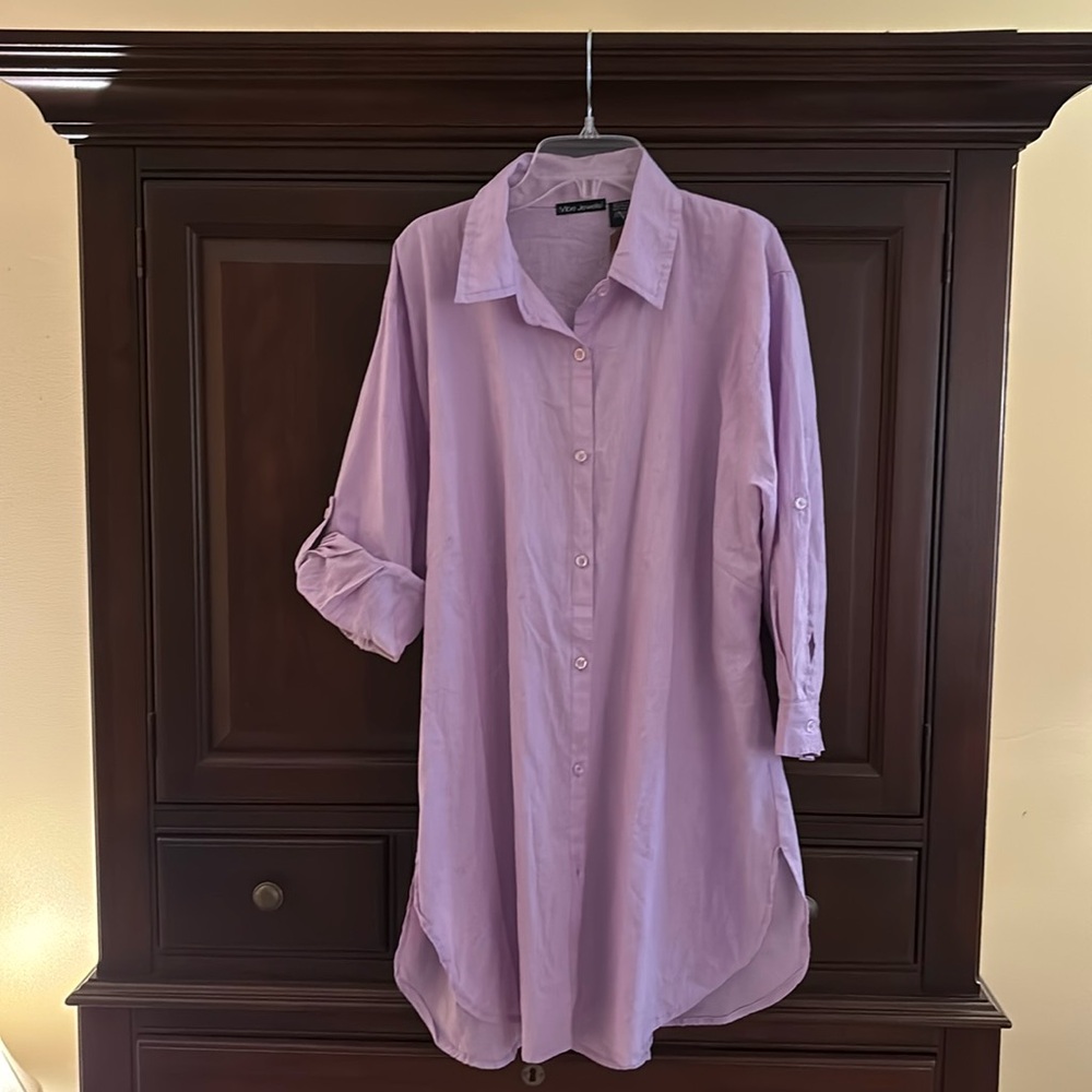 NWT OS lavender long button up blouse with button roll sleeve